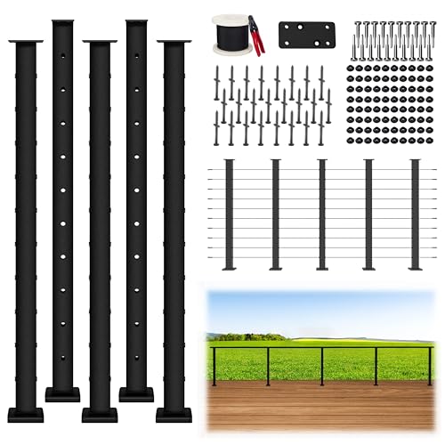 Patavin Complete Set 36 Cable Railing Post Kit Black Level Drilled Cable Railing Post Invisible Cable Railing System Kit 1/8 Stainless Steel Cable 5Pack Posts with Cable Grommets (No Handrail)