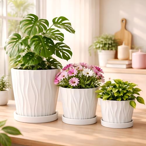 Image of Xtore Elegant Ribbed Ceramic Planter Pot Set with Drain Trays for Indoor & Outdoor Plants | Modern Minimal Flower Pots for Living Room, Balcony & Office Styling (White, Set of 3 Sizes) (Planter only)