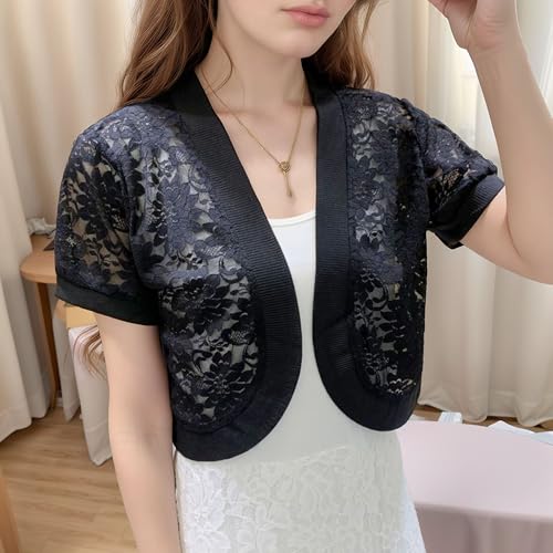 Image of FindThy Women's Cropped Bolero Shrugs Short Sleeve Open Front Floral Lace Hollow Out Cardigan Jacket