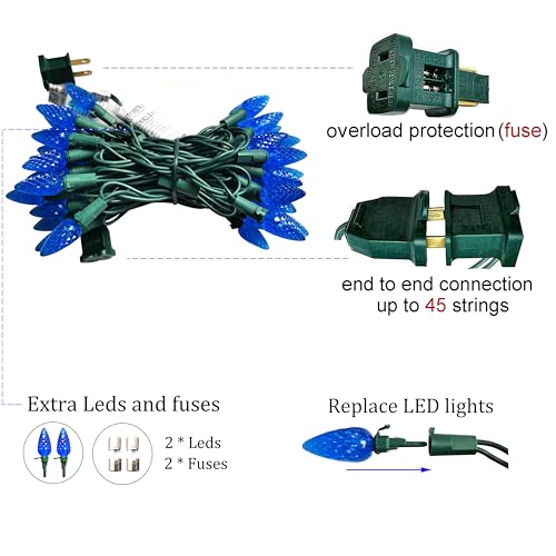 Image of C6 Christmas Lights 50 LED Blue Strawberry 18ft Waterproof String Lights for Outdoor Indoor Garden Yard Home Party Christmas Tree Decorations (Blue)