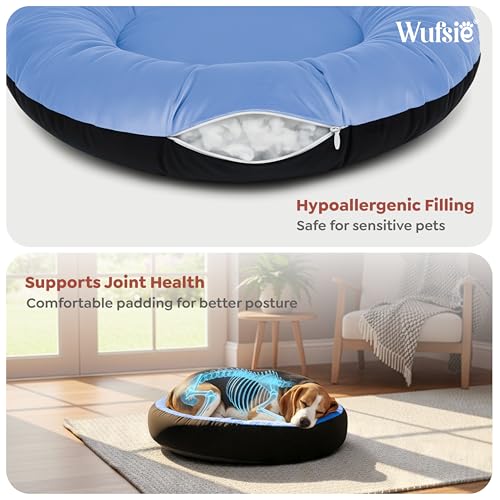 Image of Velvet Dog Bed in Round Shape | Small 60 Cm | Premium Velvet Pet Bed for Cats and Puppies | Soft & Cozy Sleeping Bed for Dog with Removable Insert | Black & Sky Blue