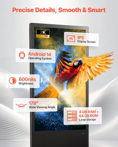 Image of VEVOR 43 in Indoor Digital Signage Floor Standing Advertising Display Kiosk, with WiFi HDMI /USB Input Android OS, 178 Wide View, LCD Screen Interactive Monitor, Mobile Commercial Totem Poster