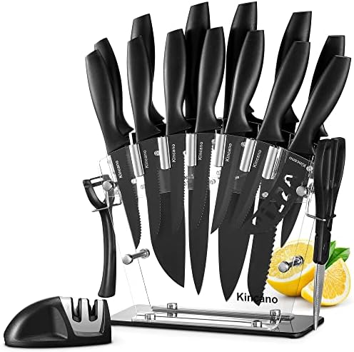 Knife Set, 17 PCS High Carbon Stainless Steel Kitchen Knife Set for Chef, Super Sharp Knife Set with Acrylic Stand, include Steak Knives, Sharpener and Scissors, Ergonomical Design by kincano