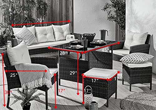 Image of DEVOKO Outdoor 6 Piece All Weather Resistant Rattan Dining Conversation Sectional Patio Set with Table & Ottomans for Porch, Garden (Dark Brown and Cream)