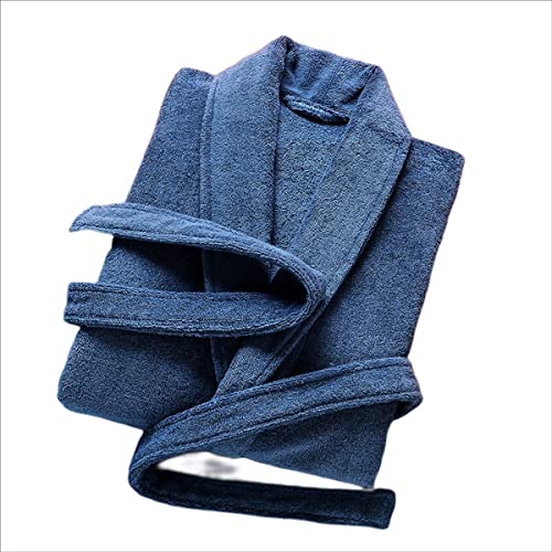 Mens Cotton Bathrobe,Towelling Dressing Gown, Shawl Collar Bath Robe,for Home Leisure Fitness or Hotel Sleepwears.Blue-XL