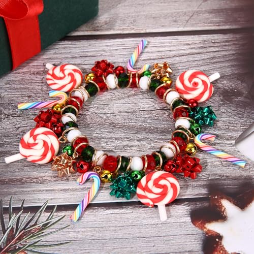 Christmas Beaded Bracelets for Women Fun Candy Cane Lollipop Present Bow Jingle Bell Pendant Elastic Stretch Bracelet Xmas Red Green Beads Friendship Holiday Party Bangle Wrist Jewelry Gift4