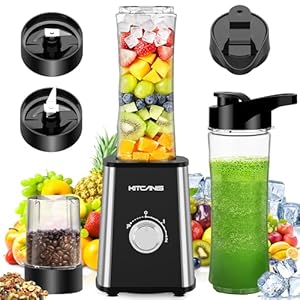 KITCANIS 3-in-1 Mixer Smoothie Maker, 800W Mini Standmixer Blender elektrisch, 3 einstellbare Geschwindigkeiten, 2 x 600 ml Tragbare Flasche und 300 ml Mahlbecher für Ice, Obst, Gemüse, Nüsse
