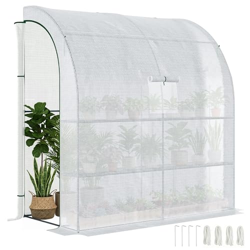 Outsunny Walk-In Lean to Wall Greenhouse with Windows and Doors, Outdoor Green House with 3 Tiers 4...