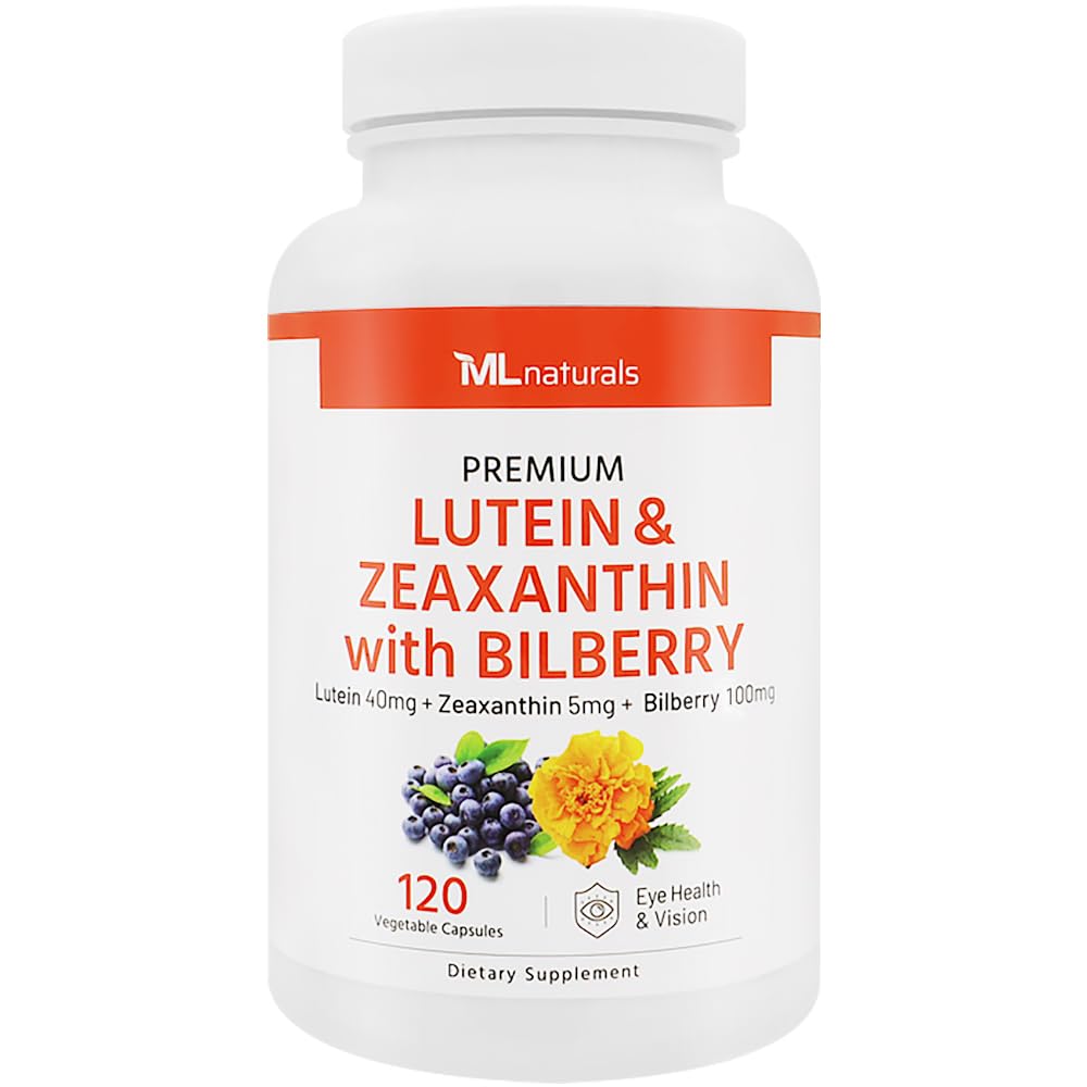 ML Naturals Premium Lutein & Zeaxanthin with Bilberry 120 Vegetable Capsules. Lutein 40 mg, Zeaxanthin 5 mg, and Bilberry 100 mg. Premium Quality. Healthy Eyes & Vision, NSF-Certified & cGMP-Compliant