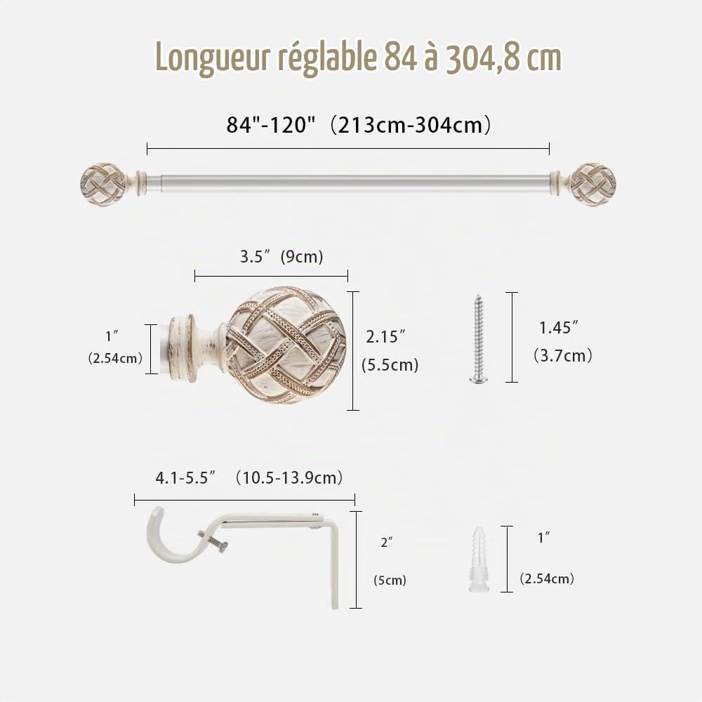 Ycolnaefllr Tringle à Rideaux DéCorative Pour FenêTres De 2,5 Cm De DiamèTre, Longueur RéGlable De 213 à 304 Cm, Tringle à Rideau Simple RéGlable Avec Embout En RéSine, Blanc
