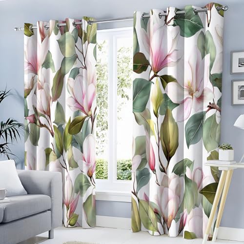 MULERN Cortinas Opacas Aisladas Térmicamente con Ojales, Diseño de Magnolia Hojas, Aspecto Acuarela Flores, Cortina Térmica para Salón Dormitorio, 2 Unidades 140An x 245Al cm, Rosa Verde