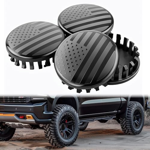 4PCS American Flag Car Wheel Center Caps Waterproof 3.25Inch83MM Center Caps for Rims Fits for Chevy Silverado 1500 / Tahoe/Suburban (2014-2020) & GMC Sierra 1500/ Yukon/Denali (2014-2020) (Black