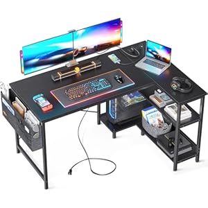 ODK 48 Inch Small L Shaped Gaming Computer Desk with Power Outlets, Reversible Storage Shelves & PC Stand for Home Office, Simple Writing Study Table with Storage Bag for Small Space, Black