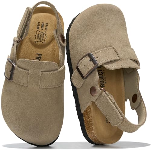 Image of Project Cloud Kids Clogs 100% Genuine Leather with Natural Cork Footbed & Memory Foam Insole Arch Support - Non-Slip Clogs for Kids - Slippers Sandals for Boys & Girls Footwear