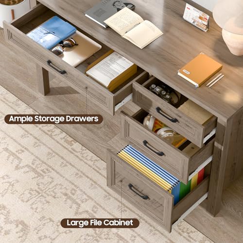 Image of Vabches Farmhouse Executive Desk with Storage and Ample File Drawer, Rustic Large Home Writing Desk for Bedroom, Grey