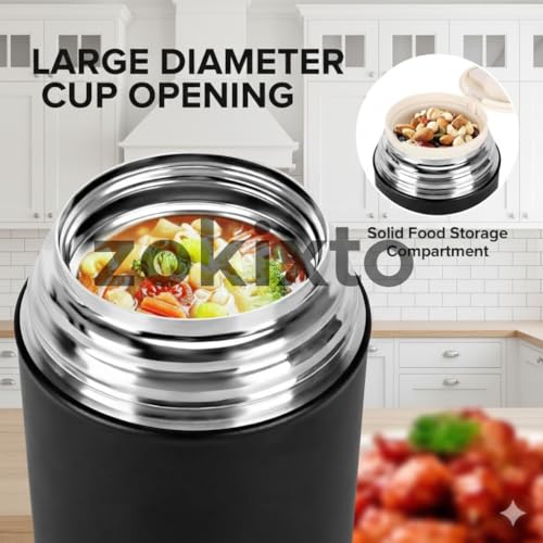 Image of Insulated Lunch Box 500ml Stainless Steel | Thermal Food Flask & Food Jar with Folding Spoon | Leakproof Tiffin Box for Office, School, Travel | Hot & Cold Food Container (Black)