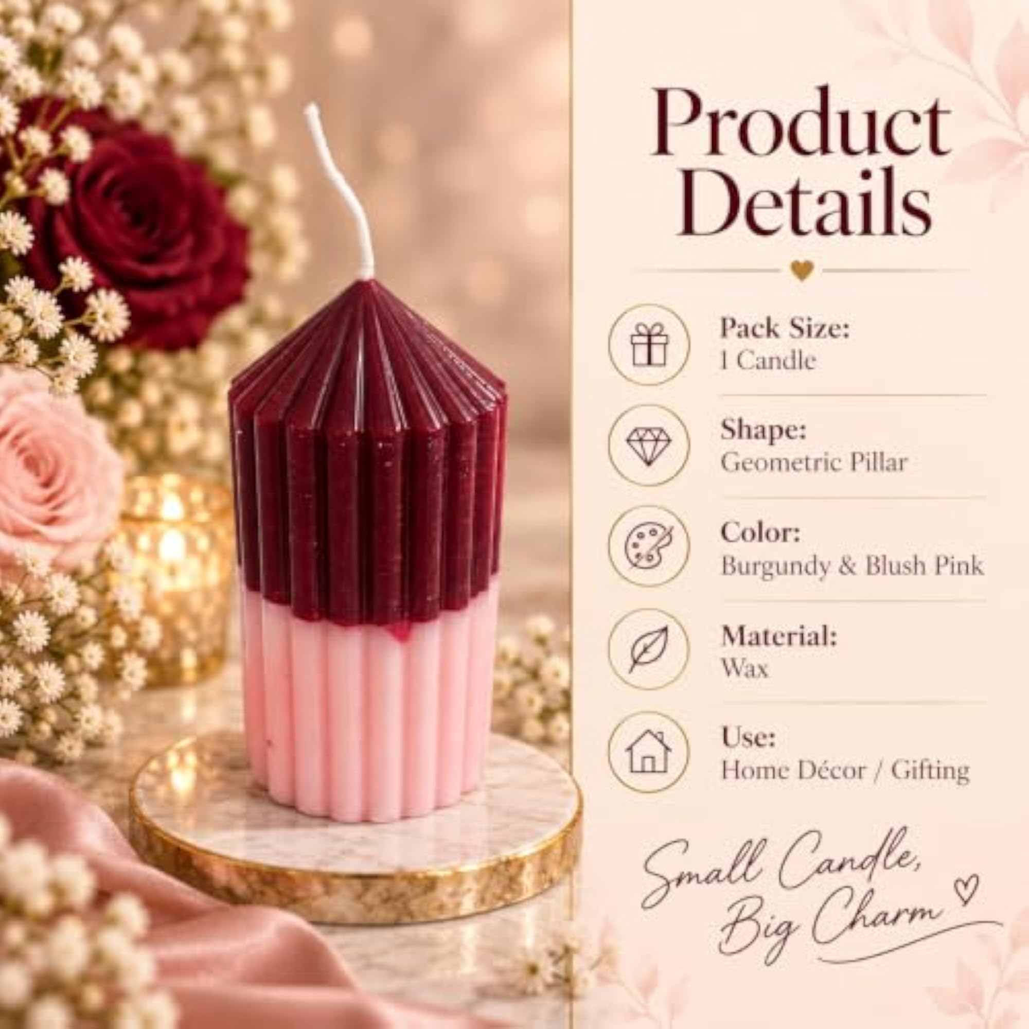 Handcrafted Geometric Pillar Candle in Burgundy