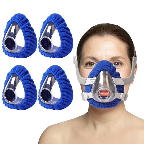 Reusable CPAP Mask Liners Compatible with ResMed AirFit F20 & Full Face Masks - Soft Polar Fleece Covers with Heart-Shaped Cutout - Reduces Air Leaks Red Marks - Washable & Elastic Fit (4 Pack Blue L)