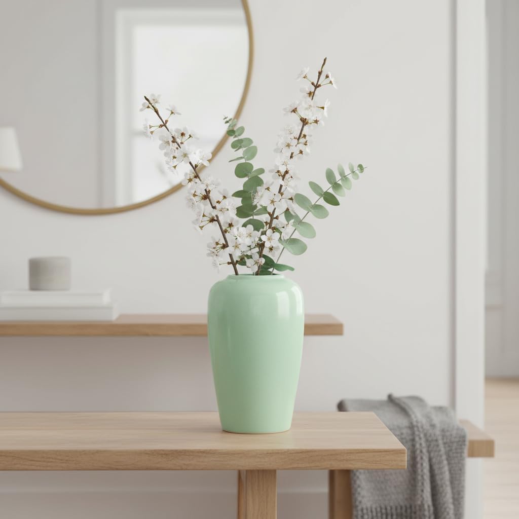 Green Vase, 8 Inch Boho Ceramic Vases for Home Decor, Modern Teal Flower Vase for Living Room Decor, Decorative Centerpiece for Coffee Table, Kitchen