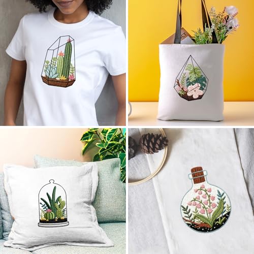 Image of INFUNLY 4pcs Plant Embroidery Starter Kit for Beginners Cactus Cross Stitch Kits for Adults Vase Flower Stamped Stitches Embroidery Sewing Kit with Patterns Instructions for DIY Craft