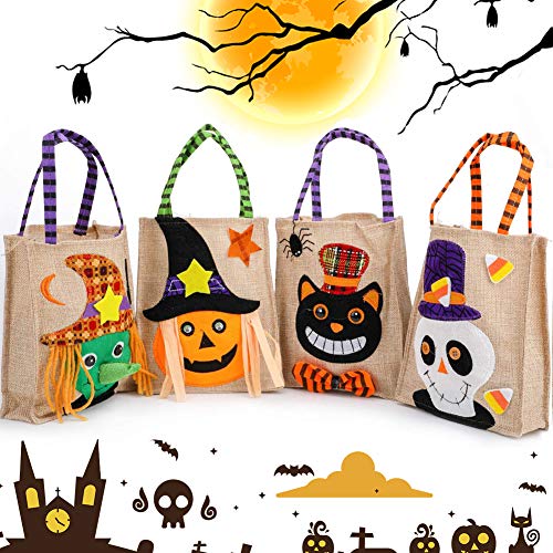 Halloween Bolsas de Mano de Truco BESTZY 4 piezas Lino Halloween fiesta Bolsas de Caramelo Calabaza Fantasma Bruja Gato negro Bolsas