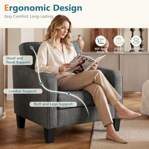 Image of Grey Accent Chairs Set of 2, Wide Comfy Arm Chairs for Living Room, Office | STHOUYN Tufted Club Chair, Reading Chairs for Bedroom, Waiting Area Seating, Small Space Office Chairs, Supportive Wide Seat