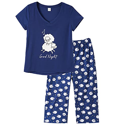 MyFav Ensemble de Pyjama Femme Été Doux Vêtements de Nuit Haut à Manches Courtes et Pantalon Capri Loungewear,Mouton Bleu,L