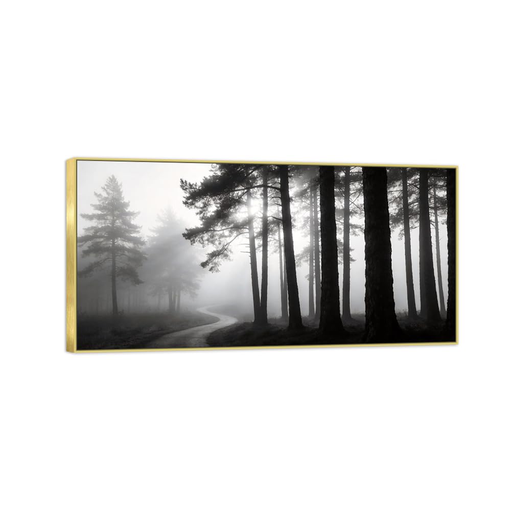 Forest Road Black White Landscape Canvas Picture 60x120cm Gold Frame