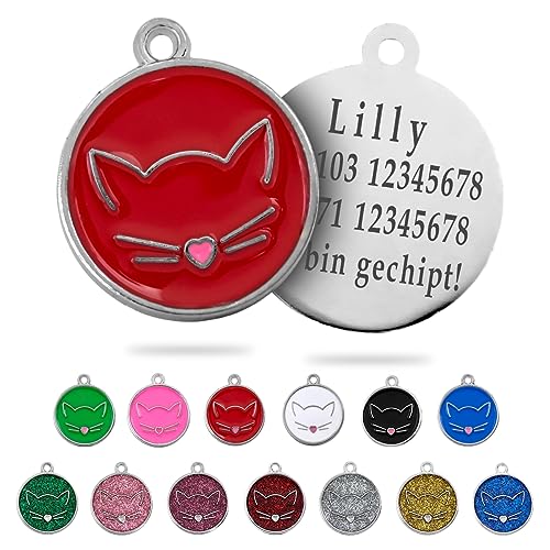 Ibera gifts - Medaglietta Gatto Personalizzata per Gatti di Tutte le Taglie, Medaglietta Gatto con Incisione, Targhetta Identificativa Rotonda, Incidiamo Fino a 4 Righe di Testo (Rosso)