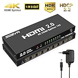 【1 en 8 salidas】Divida y distribuye vídeo y audio HDMI idénticos de una sola fuente a 8 pantallas HDMI simultáneamente. Conexión sin instalación.