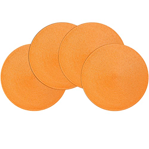 POQGLFT Round Braided Placemats Set of 4 Table Mats for Kitchen Tables Woven Washable Non-Slip Place Mats 15 Inch for Parties Christmas (Orange, 4)