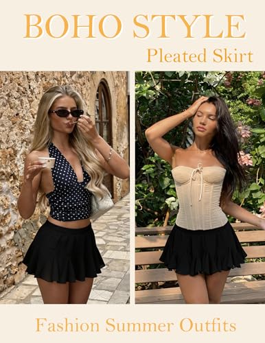 Image of Avidlove Women's Pleated Skirt Boho Ruffle Flowy Mini Skirts High Waisted Flared Skater Skirt Basic Outfits