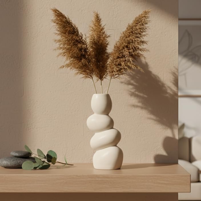 Image of Ceramic Stone Vase for Home Decor Ceramic Vase for Pampas Grass, Abstract Bubble Stacked Pebble Design, Minimalist Ceramic Vases for Flowers (White Pebble)