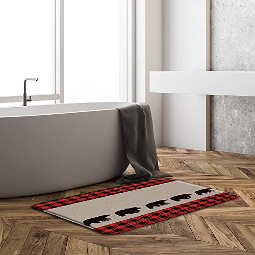 Black Bear Plaid Bath Mat Camping Cabin Wildlife Bear Silhouettes Red Black Buffalo Check Vintage Farm Rustic Microfiber Memory Foam Bathroom Rugs,20X31Inch #TOP1