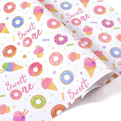 WERNNSAI Sweet One Wrapping Paper - 6 Sheets 27.5”x 19.7” Pink Donut Sweet 1st Birthday Gift Wrap Paper Baby Shower Wrapping Paper Dessert Ice Cream Cupcake Design Gift Packing for Kids