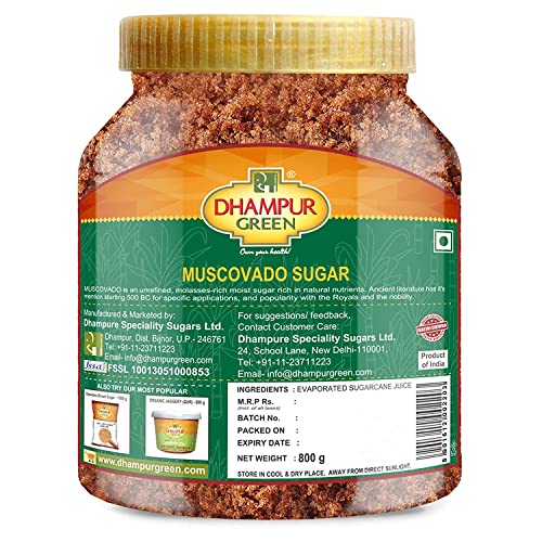 Dhampur Muscovado Brown Sugar Barbados Sugar, Khandsari, Khand For Baking, Natural Chemical Sulphur Free Traditional Unrefined Cane Molasses Rich Sugar, Khandsari Moist Sugar Jar, 800G #TOP1