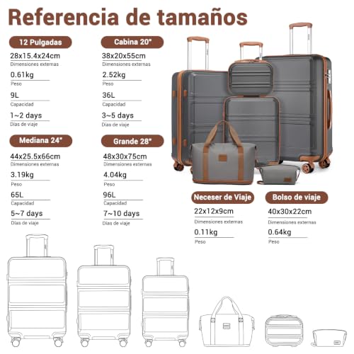 Miniatura 2 de Kono Maletas De Viaje Juegos De 6 Piezas De Abs Ligero Duro Shell Trolley Case Con Cerradura Tsa 20 24 28 Maleta, 12 Estuche Cosmético, Bolsa Duffel Y Neceser Gris Con Marrón