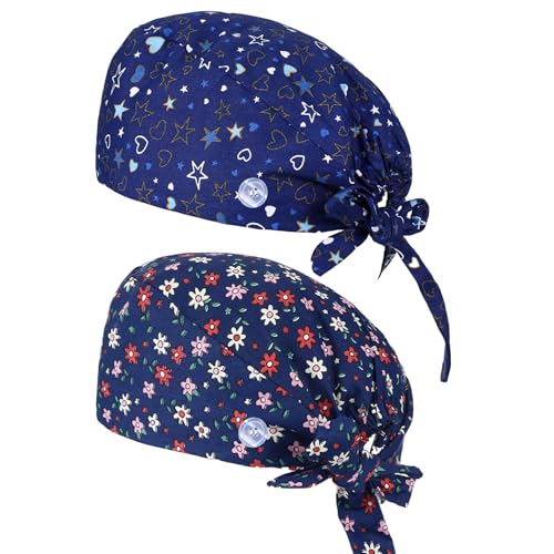 DOPENSPI 2 Stück OP Hauben Damen, Verstellbare Arbeitskappen Baumwolle Krankenschwester Haube mit Knöpfen und Schweißband für Damen und Herren