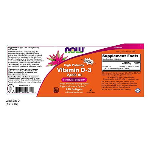 NOW Supplements, Vitamin D-3 2,000 IU, High Potency, Structural Support*, 240 Softgels - Image 3