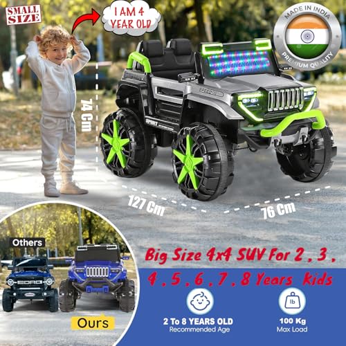 Image of Driving EV Cars for 1, 2, 3, 4, 5, 6 Years | Remote + Steering + Mobile App Control | Kids Jeeps (Thar Jumbo Size Jeep [1-8 Year Kids], Silver /Green)