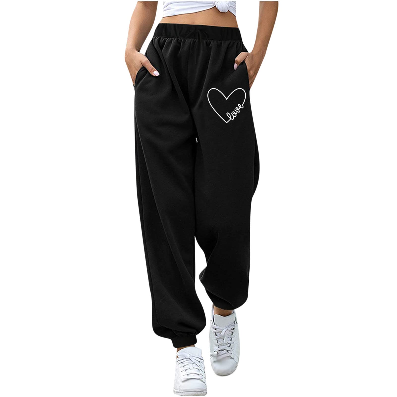 NGTEVOOS Womens Joggers Sweatpants with Pockets Valentines Day Pants Sports Trousers Elastic Cute Graphic Athletic Long Pants White