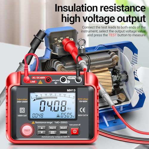 Image of 250V-2500V Digital Insulation Resistance Tester 1MΩ-200GΩ Megger Megohm Testing Meter Auto Range 2000 Counts Multimeter LCD Display 10V~600V AC /DC Voltmeter with 100 Data Storage