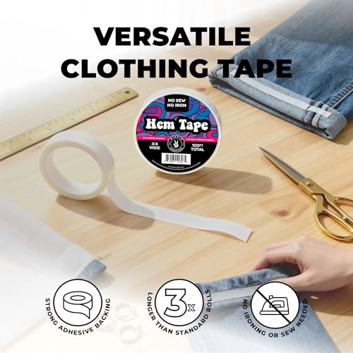 Image of HIPPIE CRAFTER Double Sided Hem Tape No Sew No Iron Sewing Tape for Hemming Curtains Fabric Pants Dress Clothes and More Thin with Strong Adhesive Removable 3 /4 Inch x 100FT