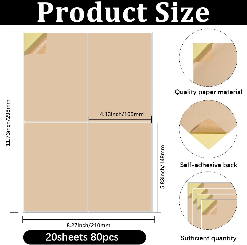 Beebeecraft 20 Sheets 80Pcs Wine Bottle Paper Labels Printable Light Brown 6 x 4 Inch Self Adhesive Kraft Blank Wine Label Sticker Covers for Wedding Anniversary Birthday Graduation Cocktail Party
