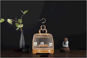 Spacious Vintage Bird Cage for Small Birds, Chinese Style Birdcage with Standing Pole, Hand-Made Bird Flight Cage with Portable Handle Portable,Raw,Bamboo