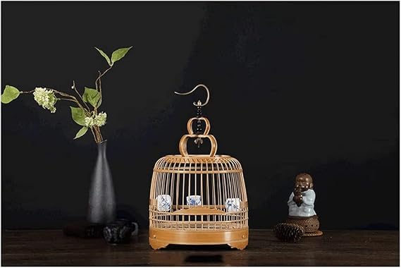 Spacious Vintage Bird Cage for Small Birds, Chinese Style Birdcage with Standing Pole, Hand-Made Bird Flight Cage with Portable Handle Portable,Raw,Bamboo