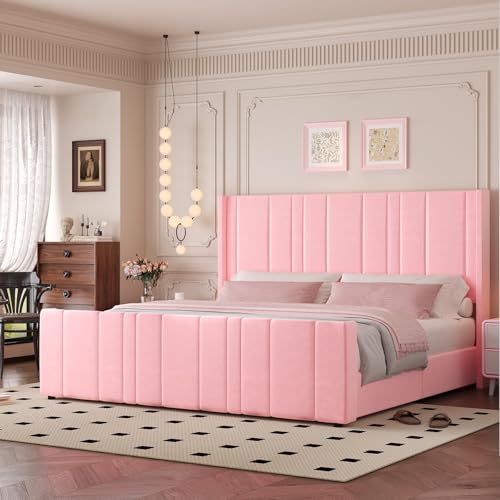 HOMBCK King Size Bed Frame and Headboard, Upholstered Bed with Vertical Channel Tufted Headboard & Footboard, Wooden Slats/Noise Free/No Box Spring Needed/Easy Assembly, Pink