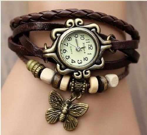 Butterfly Style Wrap Around Weave Leather Watch Bracelet Wristwatch Wristband (brown)