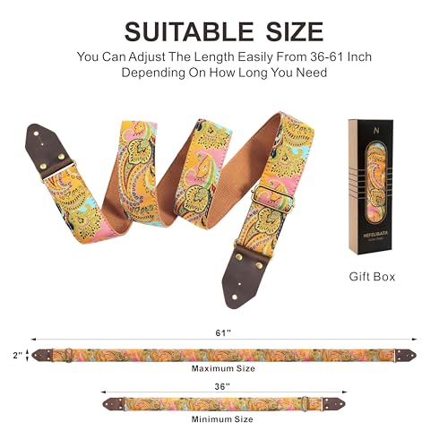 Image of Nefelibata Guitar Strap,Crazy Horse Leather Jacquard Embroidery Cotton Guitar Straps for Bass, Electric & Acoustic, Best Gifts for Guitarists(Golden Silk Golden Flower)
