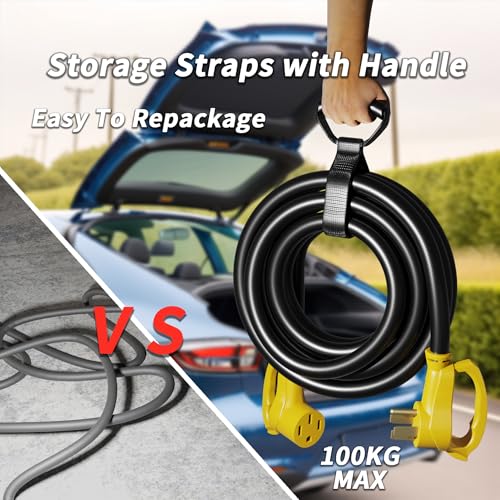 NEMA 14-50P/14-50R 50 FT 50 Amp RV/EV Extension Cord Outdoor with Grip Handle, 4 Prong Flexible Heavy Duty STW RV Power Cord Waterproof, 50A 125/250V 6250/12500W, Black-Yellow, ETL Listed